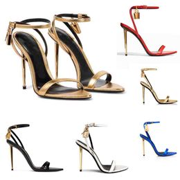 gold shiny heels NZ - Luxury SANDAL woman sandals high heels Tomfords-sandal Shiny genuine Leather Padlock Pointy toe Naked Sandalies 105mm gold heels ankle strap with box 35-43