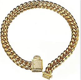 Chain Top quality Gold Tone Curb Cuban Pet Link Stainless Steel CZ Clasp Dog Collar Wholesale Pet Necklaces