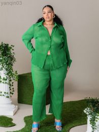 Women's Plus Size Tracksuits 2 Piece Women Set Summer Clothes Green Shirt Blouse And Pants Set Streetwear Plus Size 5xl Outfits Wholesale Bulk dropshipping L220905