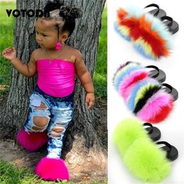 Slipper Kids Fur Slipper With Strap Fluffy Raccoon Rainbow Slides Furry Real Fur Sandals Cute Children Plush flip Flops Flat Shoes 220902