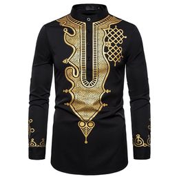 Men's Casual Shirts Long Sleeve Luxury Gold Floral Print Henley Ethnic Style Stand Collar African Dashiki 220905