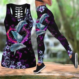 Women's Tanks All Over Printed Dolphin Outfit Leggings And Hollow Out Tank Top Suit Sexy Yoga Fitness Soft Legging Summer Women For Girl