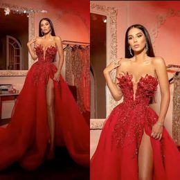 Arabe rouge aso ebi en dentelle élégante robes de bal luxueuses cristaux de perles de soirée sexy