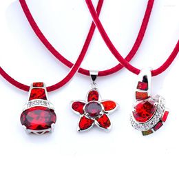 Pendant Necklaces Fashion Jewellery Silver Plated Bohemia Women Birthday Party Garnet Fire Opal Leather Cord Rope Chain Necklace OP020