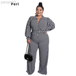 Women's Plus Size Tracksuits Perl Spring Puff pastry Sleeve Print Jumpsuit Plus Size Women Clothes Turn Down Collar Loose Rompers Wide Blowjob Overall 4XL 5XL L220905