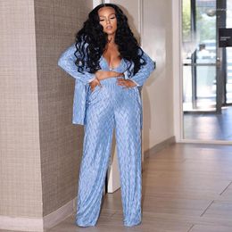 Women's Two Piece Pants Blue Corduroy Pant Sets Bikini Top Long Sleeve Jacket And Wide Leg Cardigan Coat 3 Pieces Women Outfit Autumn 2022