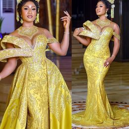 2022 Arabiska ASO EBI Gold Mermaid Prom Dresses Sequined Lace Evening Formal Party Second Reception Födelsedagsengagemang Klänningar ZJ720