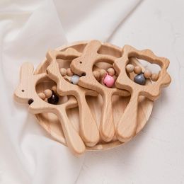 Wooden Rattle Beech Bear Hand Teething Wooden Ring Baby Rattles Play Gym Montessori Stroller Toy Educational Toys