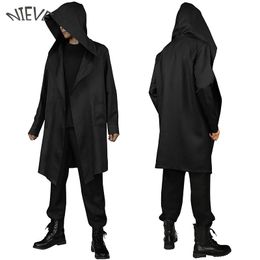 Men's Trench Coats Men Solid Colour Long Coat Gothic Black Hooded Coat Long Sleeve Pocket Jacket Handsome Simple Windbreaker Fashionable Men Jacket 220906