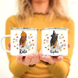 Mugs Personalised Custom Name Enamel Mug Cartoon Girl Printed Coffee Cups Thanksgiving Halloween Party Drink Dessert Milk Gifts