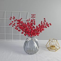 Faux Floral Greenery Simulation Single Fork Berry Fake Flower Red Fruit Handmade Diy Bouquet Flower Piece Accessories Christmas Home Decoration J220906
