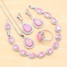 Necklace Earrings Set Pink Opal Silver Colour For Women Ring Pendant Crystal Bracelet Wedding Christmas Gift Dubai