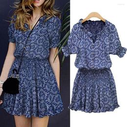 Casual Dresses Women Summer Dress Short Sleeve V-neck Boho Style Bule Print Beach 2022 Sundress Loose Mini Party Vestidos