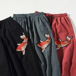 Men's Pants 2022 Men's Casual Linen Cotton Shorts Fashion Carp Embroidery Loose Plus Size