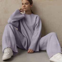 Womens Two Piece Pants Women Knitted Pants Sets Lilac Casual Loose Two Piece Sweater Sets Autumn Winter Sweater Pullover and Wide Leg Pants Suits 220906
