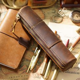 Leather Pen Bags Vintage Pencil Case Pen Pouch Marker Bag With Zipper for Men Boys Student School Office Business 1223076