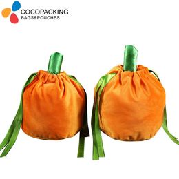 Gift Wrap 10pcs Pumpkin Candy Bag Halloween Velvet Candy Orange Gift Pumpkin Trick or Treat Packing With String Bag Party Decoration 220905