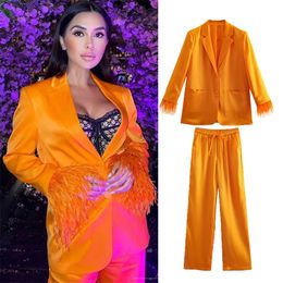 Womens Two Piece Pants Fashion Elegant Feather Women Suits Fashion Chic Casual Vacation Elastic Waist 2 Piece set Suits Fashion Street Suit 220906