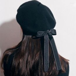 Berets Bow Wool Beret Soft Hats Bowknot Ribbon Cap For Children Girls Winter Warm Style Hat High-quality Elegant Women's 2022