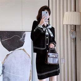 Two Piece Dress Vintage Knitted Suit Women Elegant Lace Up Bow Tie Patchwork Single Breasted Cardigan Mini Skirt Sets Two Piece Outfit 220906
