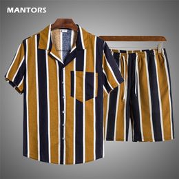 Men's Tracksuits Summer Men Sets Short Sleeve Striped Tracksuit Mens Streetwear Fashion Men Shirt Shorts Two Pieces Sports Suit Clothing 220905
