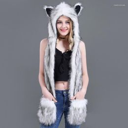 Berets SH001 Women Winter Hat Earflap Cap Warm Animal Faux Fur Beanie Hoodie Gloves Scarf Glove Set Fluffy Plush