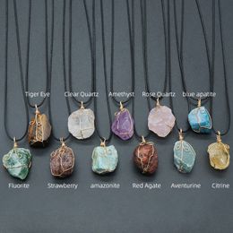 Fashion Natural Stone Raw Ore Wire Wrap Pendants Necklace Fluorite Amethyst Rose Quartz Necklaces