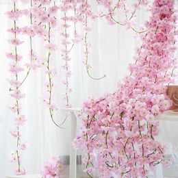 Faux Floral Greenery 230Cm Silk Sakura Cherry Blossom Vine Lvy Wedding Arch Decoration Layout Home Party Rattan Wall Hanging Garland Wreath Slingers J220906