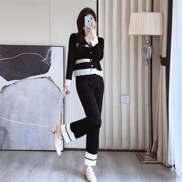 Womens Two Piece Pants Autumn Knitted Two Piece Sets Womens Outifits Casual Patchwork Cardigan Sweater Wide Leg Pants Tracksuit Suits Female 220906