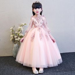 Girl Dresses Elegant Pink Tulle Flower Dress For Wedding Long Sleeve Appliques Kids Party Prom First Communion Princess