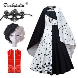 Girl's Dresses Halloween Child Cruella Costume Masquerade Party Girls Black White Long Dress with Cape Carnival Kids Cruella Wig Lace Mask 220905