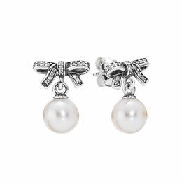 White Pearl Pendant Bow Stud Earring Women Wedding Party designer Jewelry Set For pandora Real Sterling Silver engagement gift Earrings with Original BOX