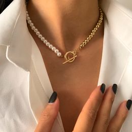 2022 New Fashion Baroque Pearl Chain Necklace Women Collar Wedding Punk Toggle Clasp Circle Lariat Bead Choker Necklaces Jewellery