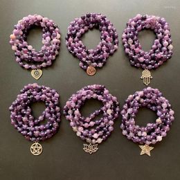 Decorative Figurines Purple Crystal Lepidolite Beads Mala Bracelet Natural Stone Necklace Meditation Lotus OM Earth Charms Knotted Crafts