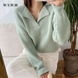 Women s Sweaters WYWM Knitted Sweater Women Elegant Lazy Oaf Coarse Yarn Striped Cashmere Pullovers Coat V neck Long Sleeve Female Jumpers 220906