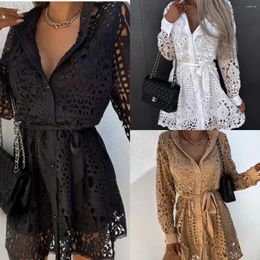 dress hollow Canada - Casual Dresses Women's Elegant Dress Lace Solid Hollow Out Lacing Slit Button Shirt Long Sleeve Beach Temperament Sundresses Robe