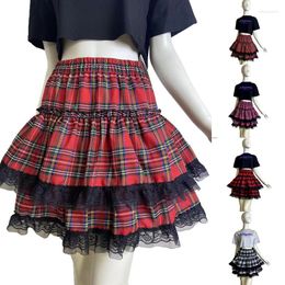 Skirts Y2k Style Girl Elastic Waist Pleated Midi Female Plaid Ruffles Single Layer Lace Mini Summer A-line Sexy Clothes