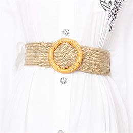 Belts 2022 Women Vintage PP Straw Knitted Wide Dress For Female Elastic Round Square Bamboo Joint Buckle Decorative Braided Belt