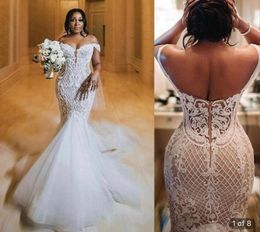 2022 Vintage Mermaid Wedding Dresses Off Shoulder Lace Illusion Tulle Applique Backless Sweep Train Formal Bridal Gowns BC14373 GC0906