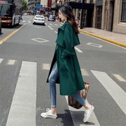 Women's Trench Coats Women's Coat With Lining Spring Autumn Jacket British Style Coats Drawstring Windbreaker Mid-length Femme Overwear Green 67 220906
