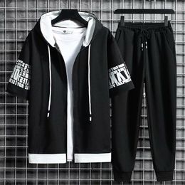 Men's Tracksuits Men's Sets Hooded Zipper Short Sleeve Tops Elastic Waist Trousers Men Clothing Two Piece Set Korean Streetwear Tracksuit Men 220905