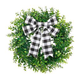 Decorative Flowers Wreaths New Spring Wreath Eucalyptus Leaves Imitation Flowers Wall Decorations Bows Garlands Pendant Plaid Bow Garland T220905