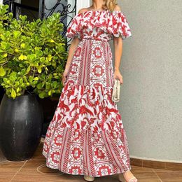 Casual Dresses Women Maxi Dress Ruffle Decor Elastic Collar High-Waist Large Hem Vintage Off Shoulder Lady Bohemia Long Female Clothes