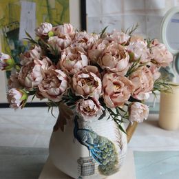 Faux Floral Greenery Shabby Chic Bouquet European Beautiful Bride Wedding Small Peony Silk Flowers Cheap Mini Fake Flowers For Home Decoration Indoor J220906