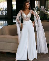 Elegant White Jumpsuits Evening Dresses V Neck Sequined Beaded Long Sleeve Prom Gown Custom Females robes de soiree