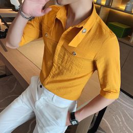 Men's Casual Shirts Style Solid British Colour Shirt Slim Fit Men Prom Club Tuxedo Dress 4XL Summer Half Sleeve Yellow