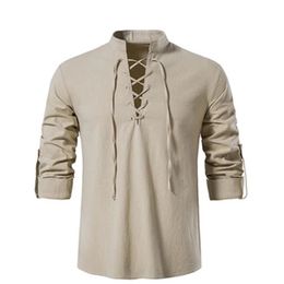 Men's T Shirts Men's V-neck shirt T-shirt Fashion Vintage Thin Long Sleeve Top men Casual Breathable Viking Front Lace Up man Shirts 220905