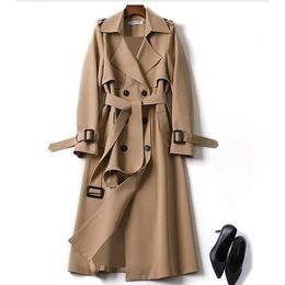 Women's Trench Coats Autumn Elegant Long Women Trench Lace Up Waist Casual Solid V Neck Overcoat Plus Size Long Sleeve Windbreaker Female Trench 220906