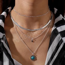 Bohemia Silver Color Multi-layers Pendant Vintage Geometric Round Chain Necklace Women Party Jewelry