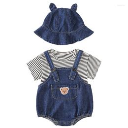Clothing Sets Fashion Baby Clothes Set Toddler Boy Girl Stripe Casual Tops Denim Romper Cute Hat 3pcs Suit Infant Overalls Outfit